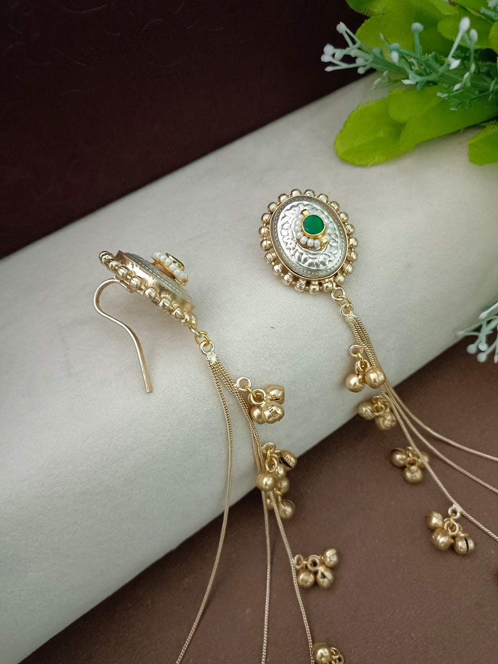 Gold-Toned Green Oval Drop Earrings | Kundan Brass-Plated Insert Style