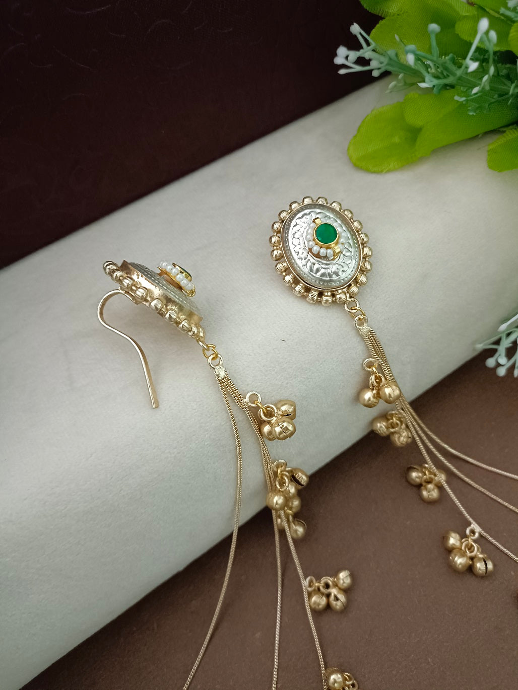 Gold-Toned Green Oval Drop Earrings | Kundan Brass-Plated Insert Style