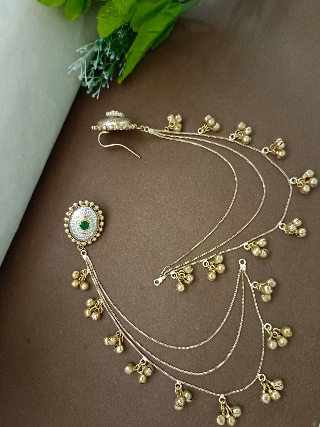 Gold-Toned Green Oval Drop Earrings | Kundan Brass-Plated Insert Style