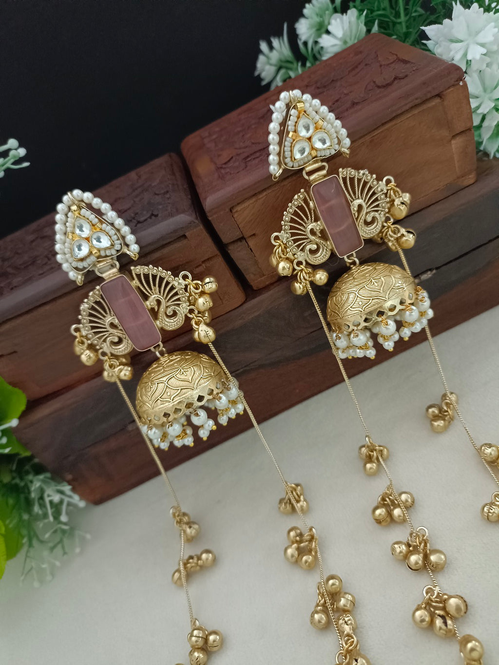 Gold-Toned Kundan Jhumka Earrings | Brass-Plated Traditional Post Back Closure