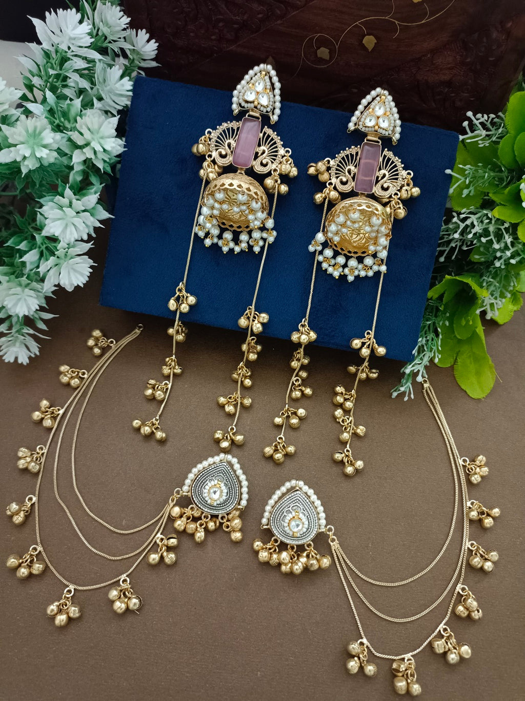 Gold-Toned Geometric Drop Earrings | Kundan Embellished Brass-Plated Post Back