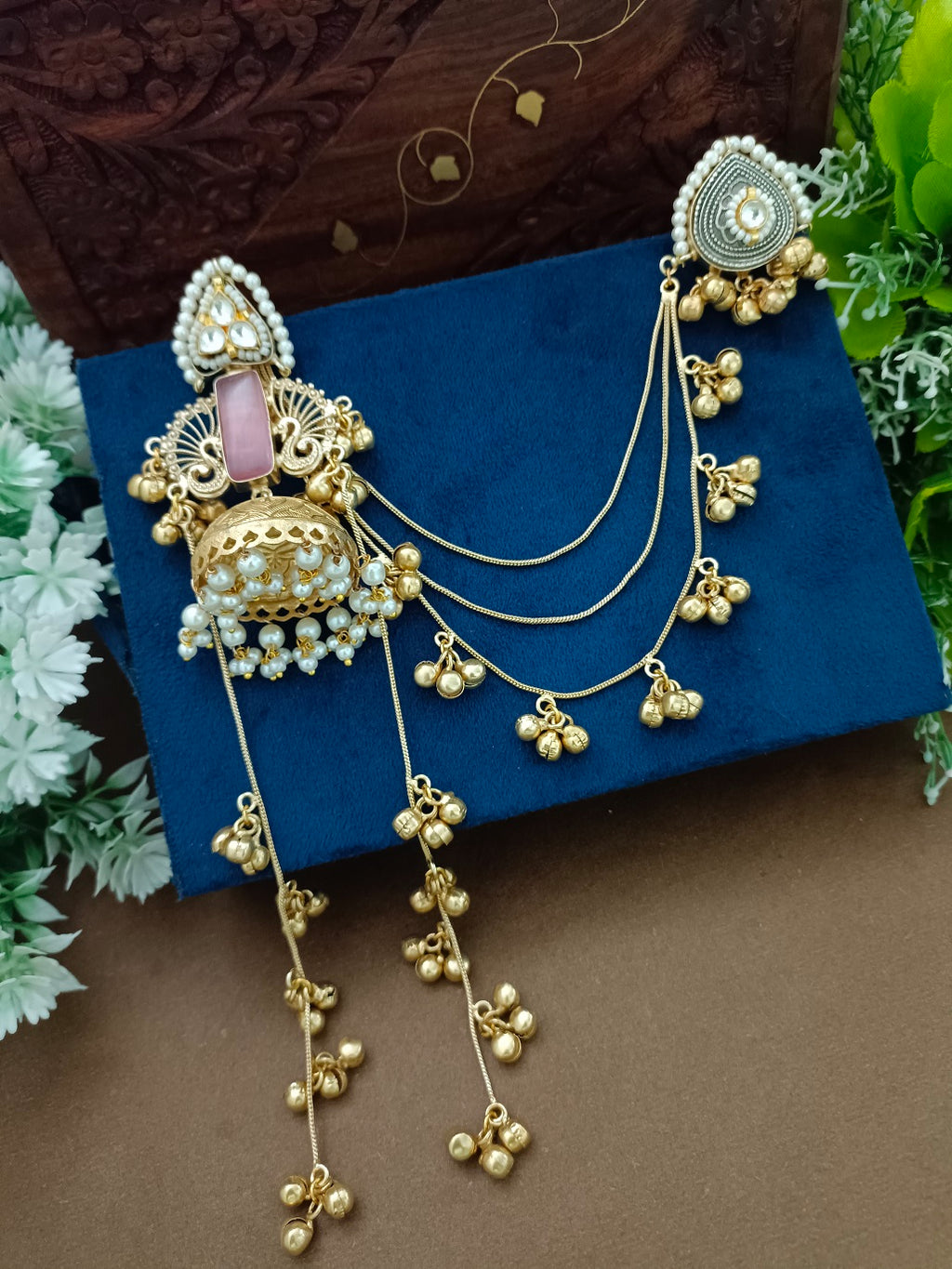 Gold-Toned Geometric Drop Earrings | Kundan Embellished Brass-Plated Post Back