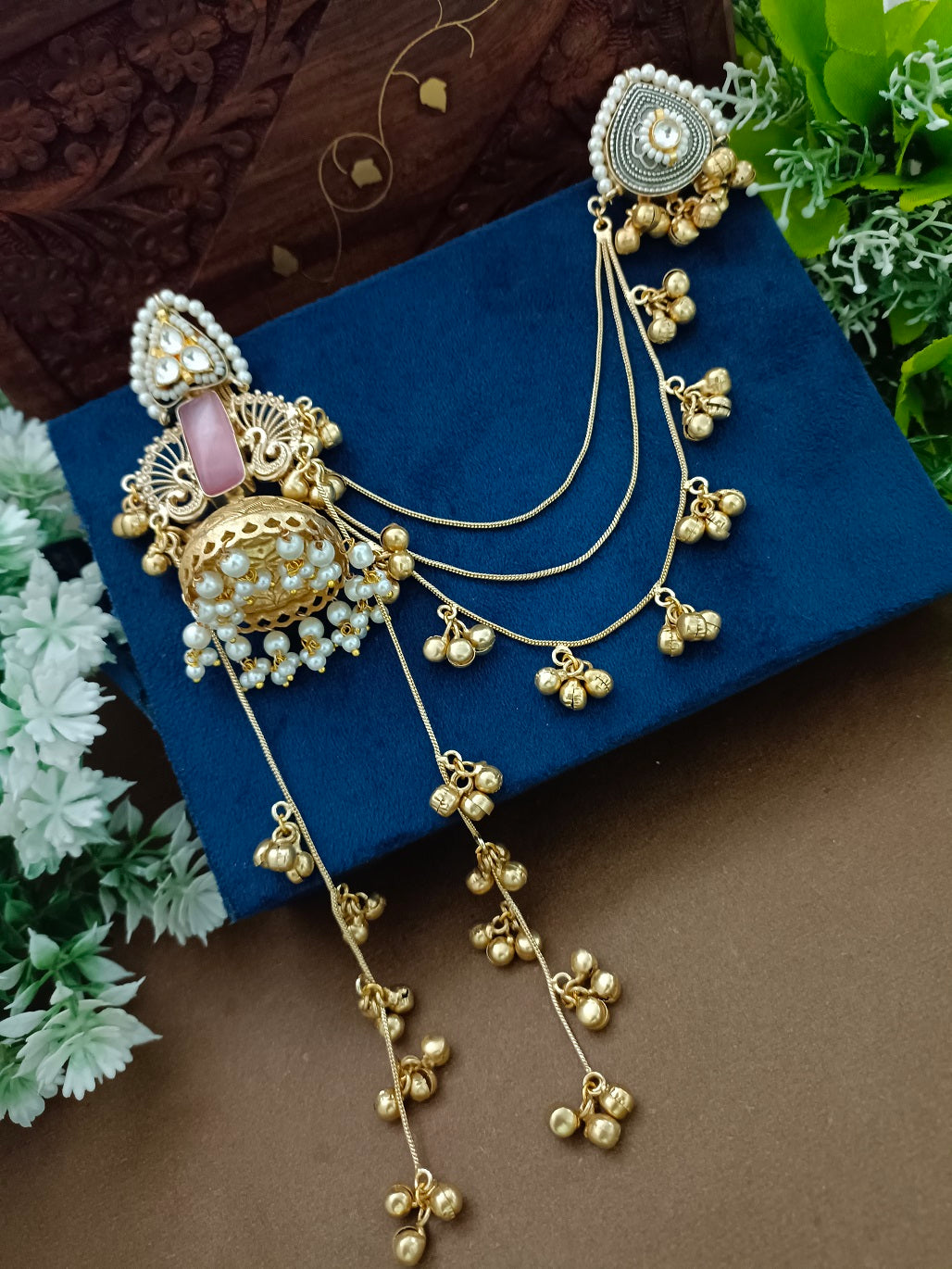 Gold-Toned Geometric Drop Earrings | Kundan Embellished Brass-Plated Post Back
