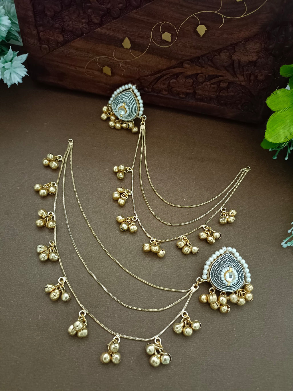 Gold-Toned Teardrop Ear Cuff Earrings | Kundan Studded Brass-Plated Insert Closure
