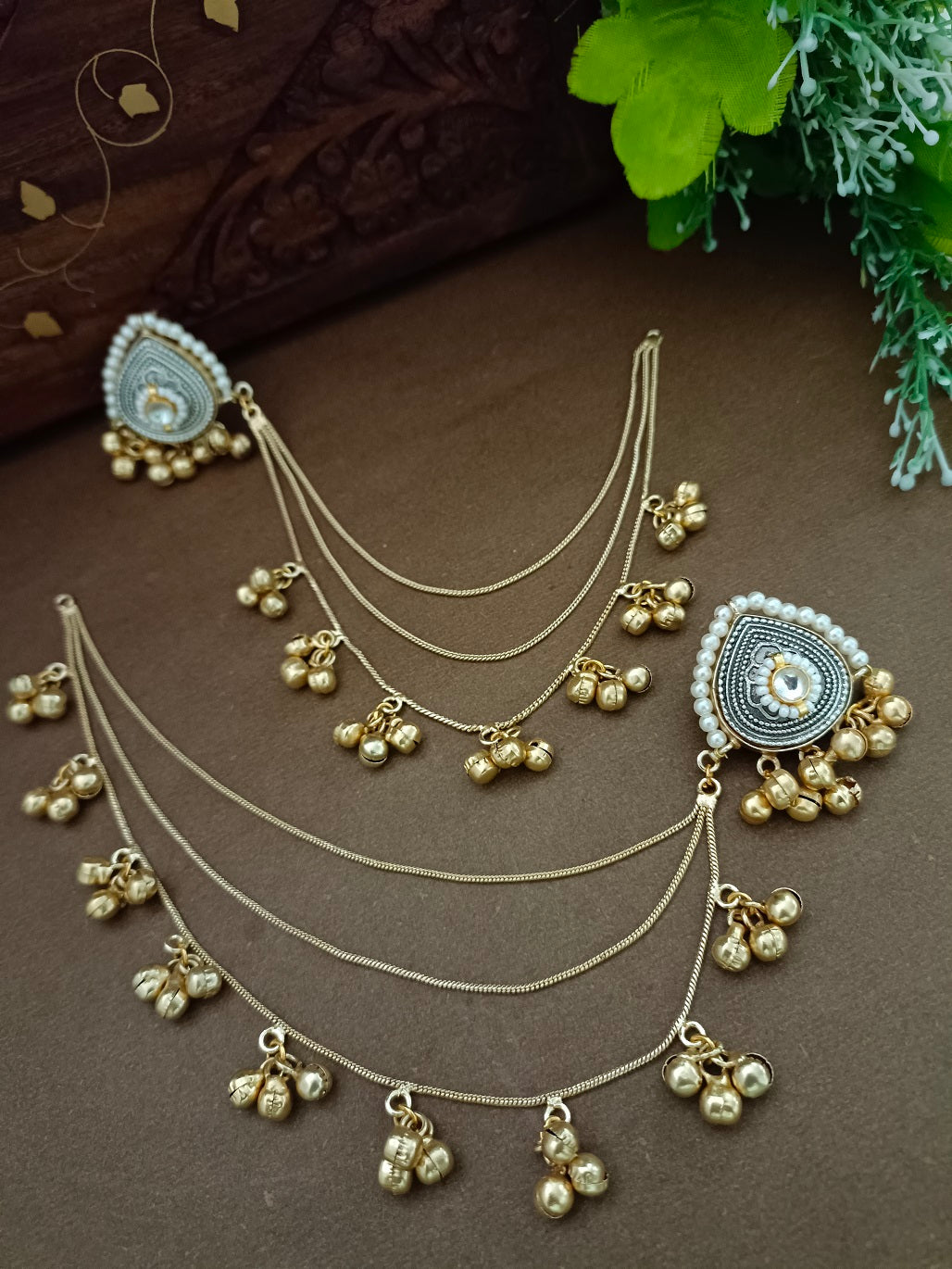 Gold-Toned Teardrop Ear Cuff Earrings | Kundan Studded Brass-Plated Insert Closure