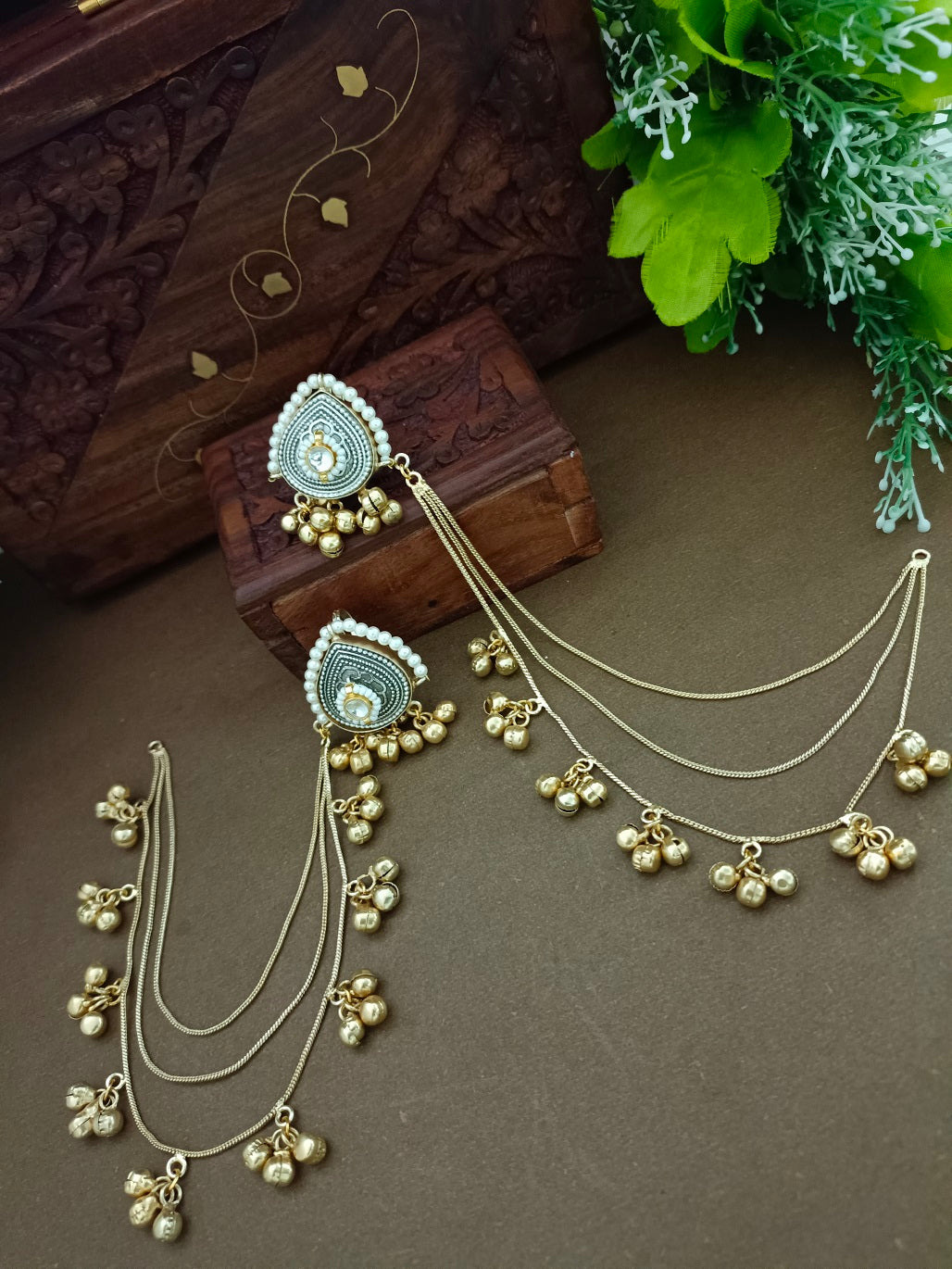 Gold-Toned Teardrop Ear Cuff Earrings | Kundan Studded Brass-Plated Insert Closure