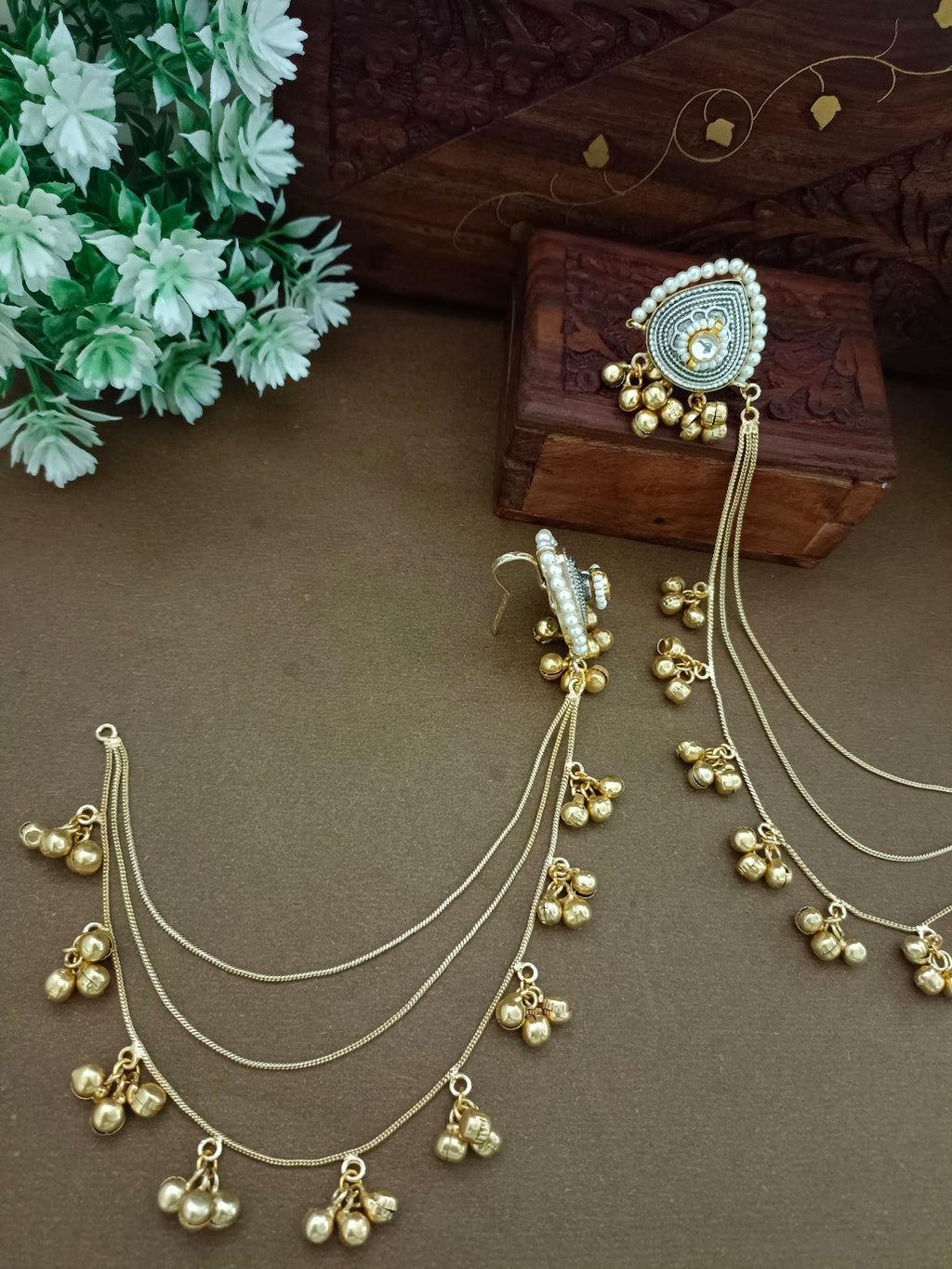 Gold-Toned Teardrop Ear Cuff Earrings | Kundan Studded Brass-Plated Insert Closure