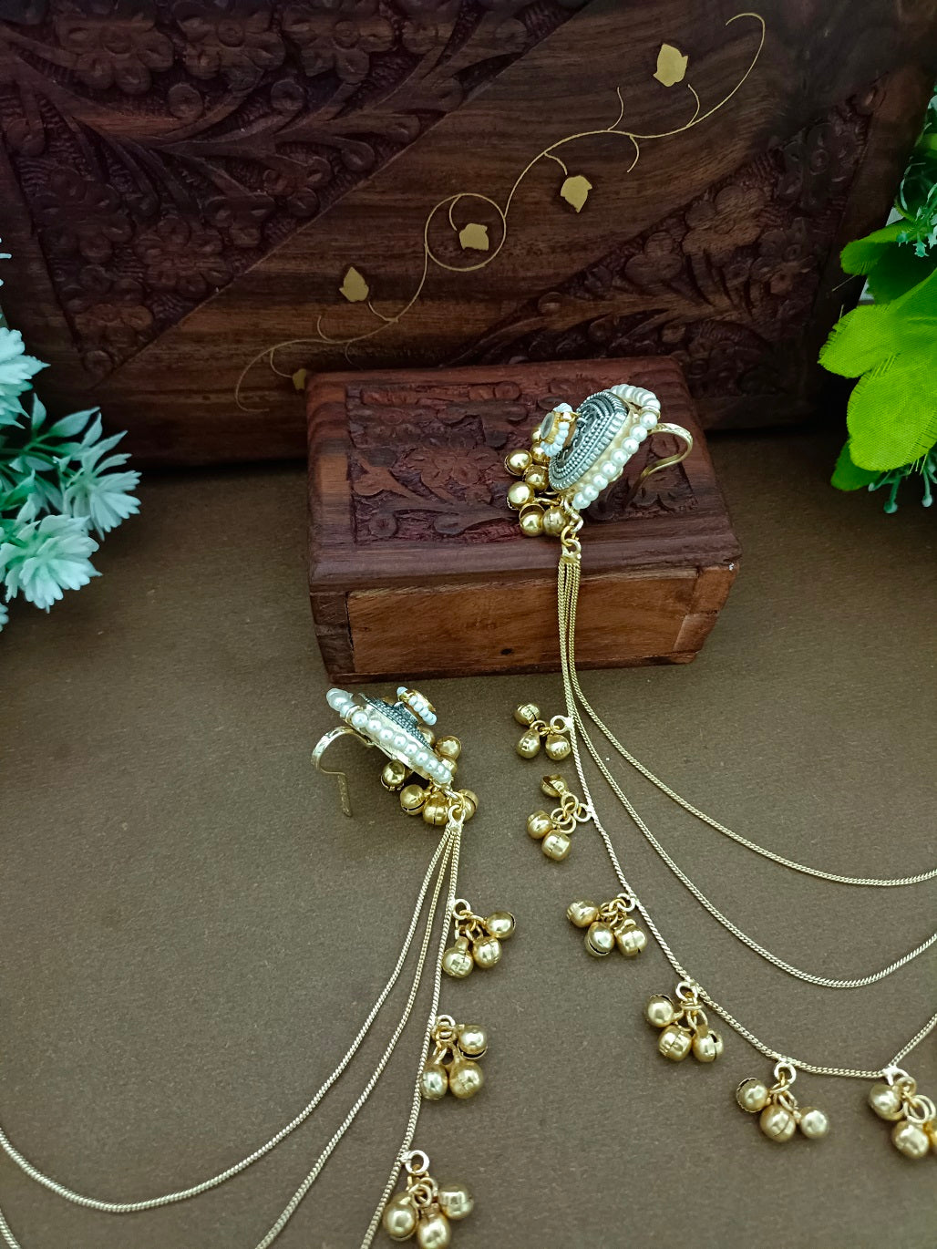 Gold-Toned Teardrop Ear Cuff Earrings | Kundan Studded Brass-Plated Insert Closure