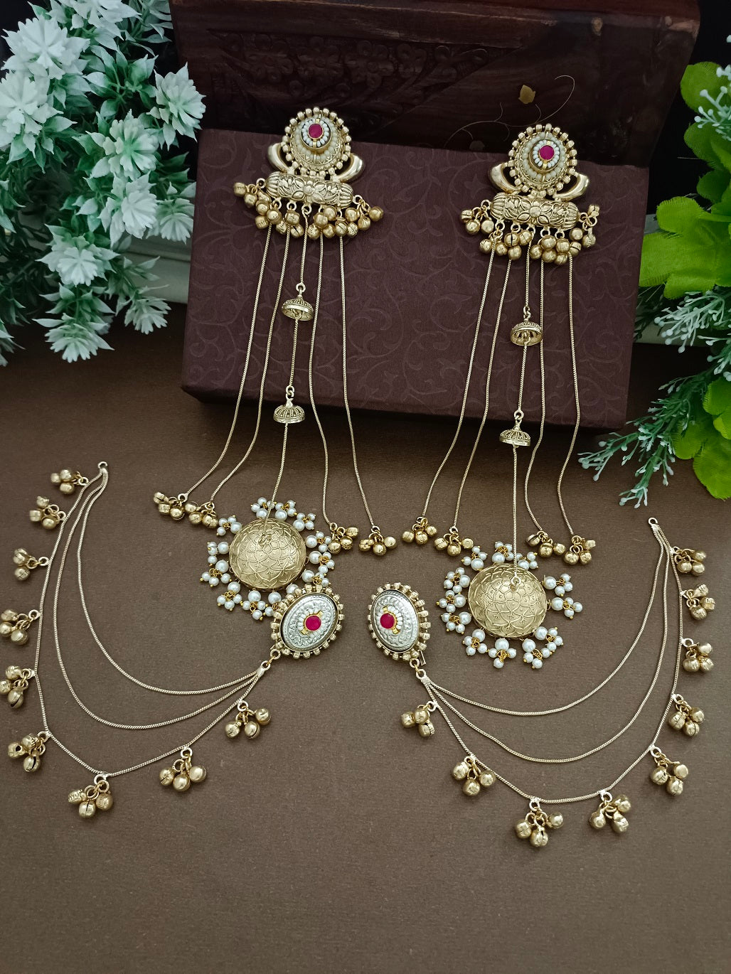 Gold-Toned Pink Geometric Drop Earrings | Kundan Studded Brass-Plated Post Back