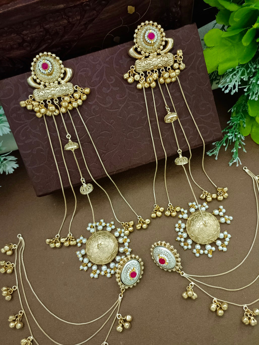 Gold-Toned Pink Geometric Drop Earrings | Kundan Studded Brass-Plated Post Back