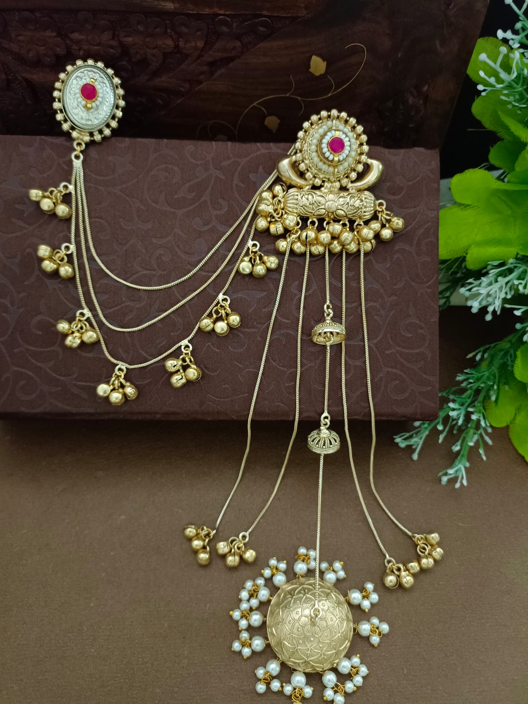 Gold-Toned Pink Geometric Drop Earrings | Kundan Studded Brass-Plated Post Back