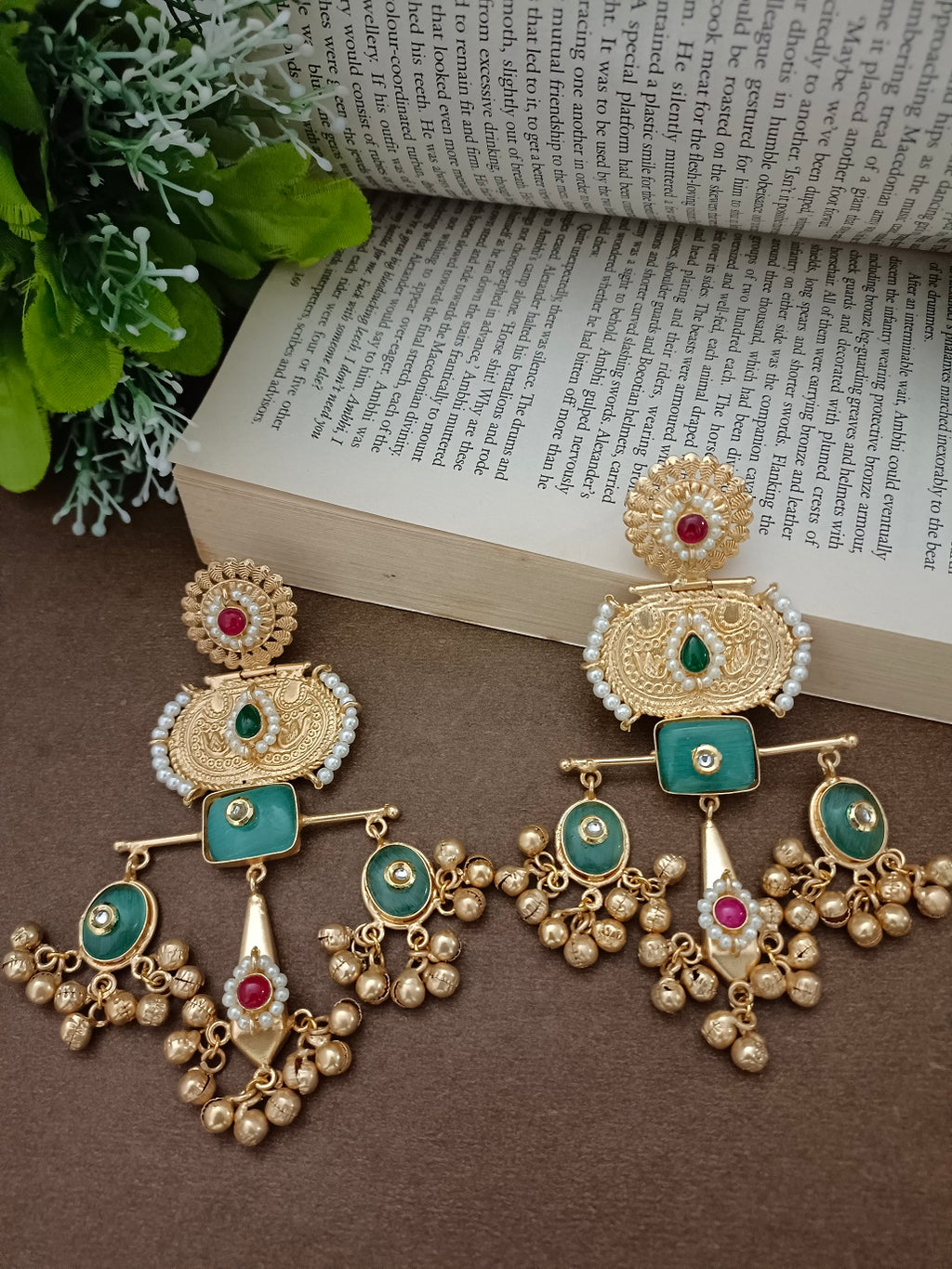 Brass-Plated Pachi Kundan Studded Statement Ghungaroo Temple Drop Earrings