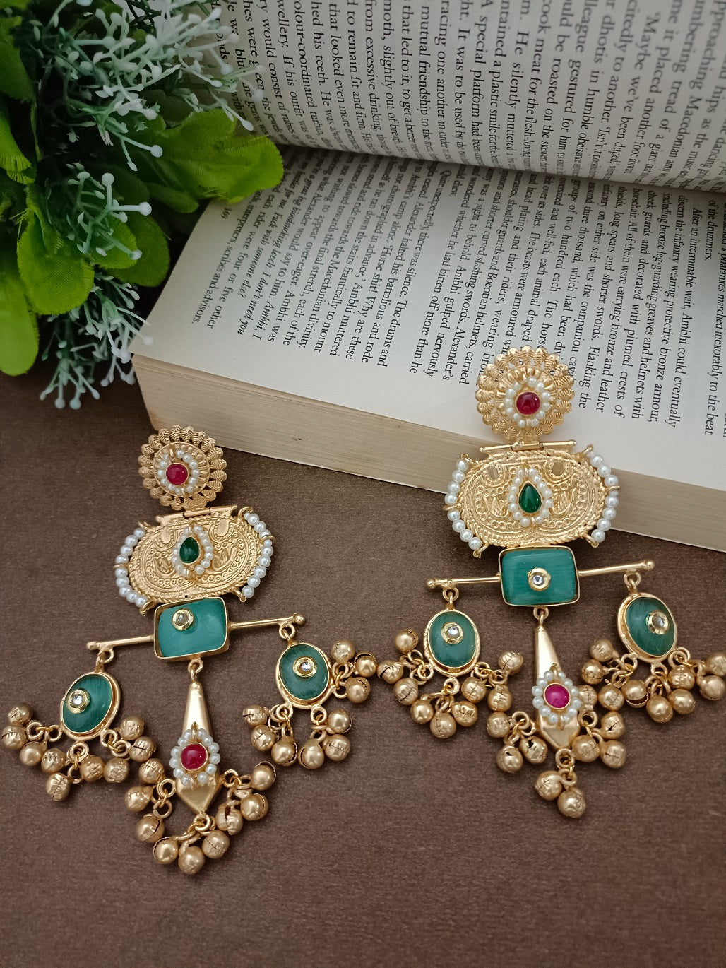 Brass-Plated Pachi Kundan Studded Statement Ghungaroo Temple Drop Earrings