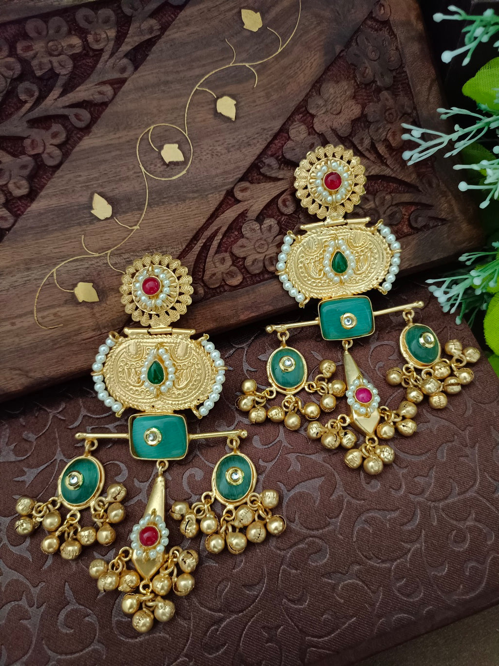 Brass-Plated Pachi Kundan Studded Statement Ghungaroo Temple Drop Earrings