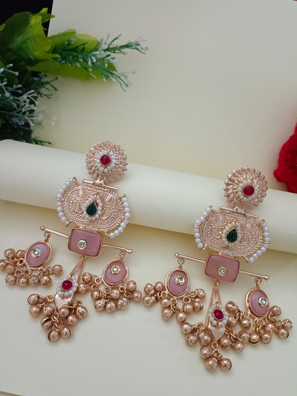 Brass-Plated Pachi Kundan Studded Statement Ghungaroo Temple Drop Earrings
