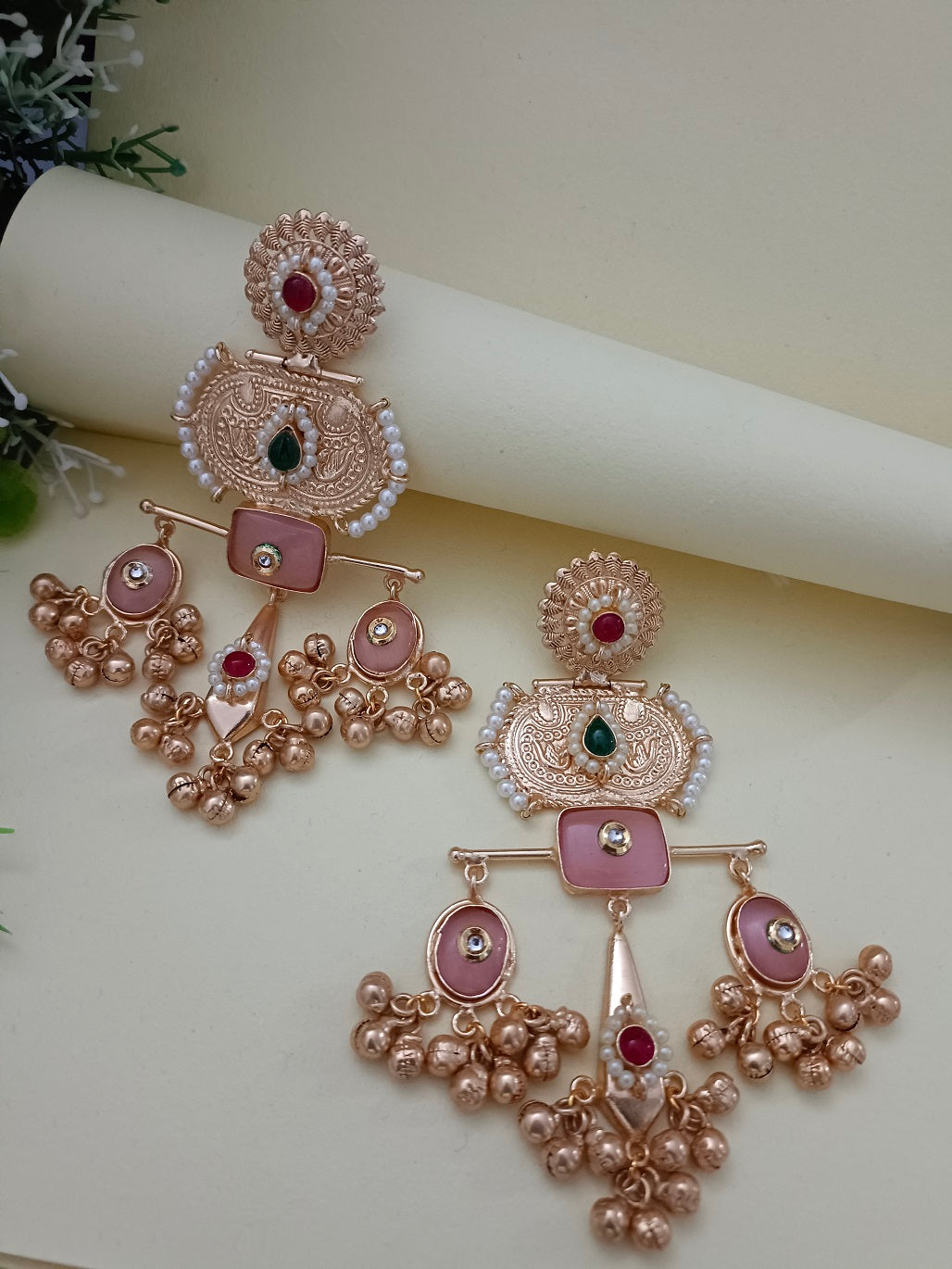 Brass-Plated Pachi Kundan Studded Statement Ghungaroo Temple Drop Earrings