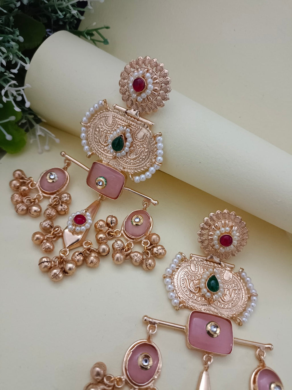 Brass-Plated Pachi Kundan Studded Statement Ghungaroo Temple Drop Earrings
