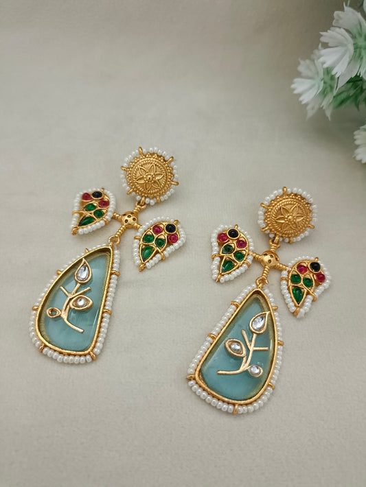 Brass-Plated Kundan Studded Peacock Kashmiri Statement Drop Earrings