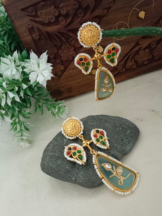 Brass-Plated Kundan Studded Peacock Kashmiri Statement Drop Earrings