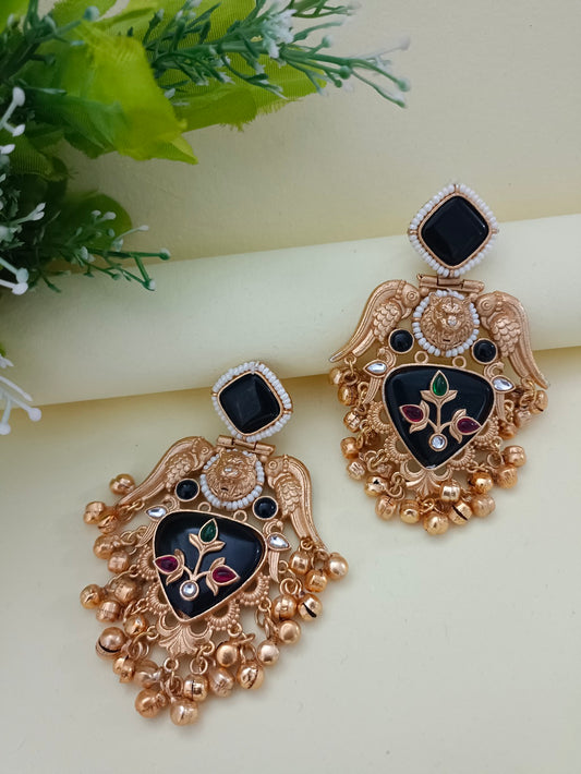 Brass-Plated Kundan Studded Birds Kashmiri Statement Ghungaroo Drop Earrings