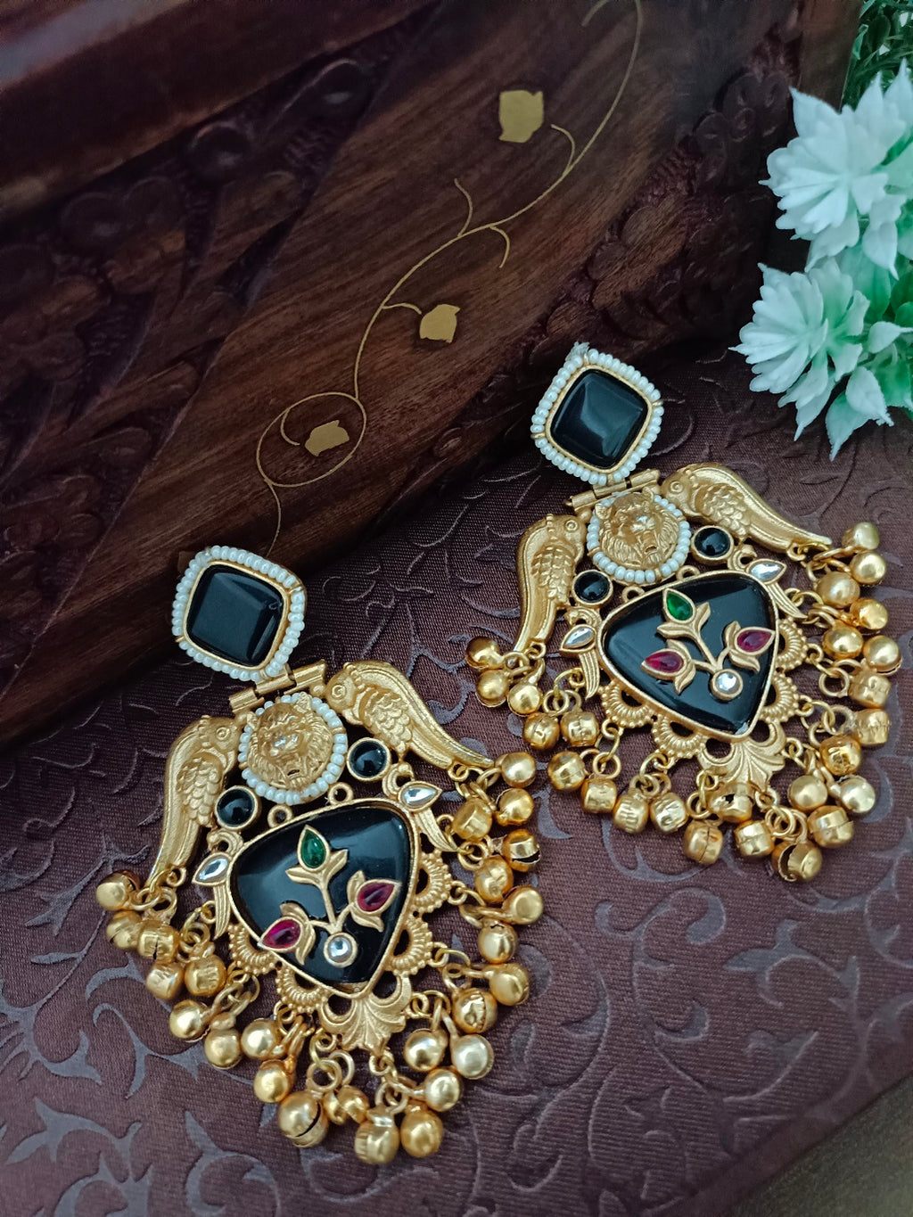 Brass-Plated Kundan Studded Birds Kashmiri Statement Ghungaroo Drop Earrings