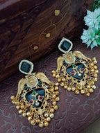 Brass-Plated Kundan Studded Birds Kashmiri Statement Ghungaroo Drop Earrings