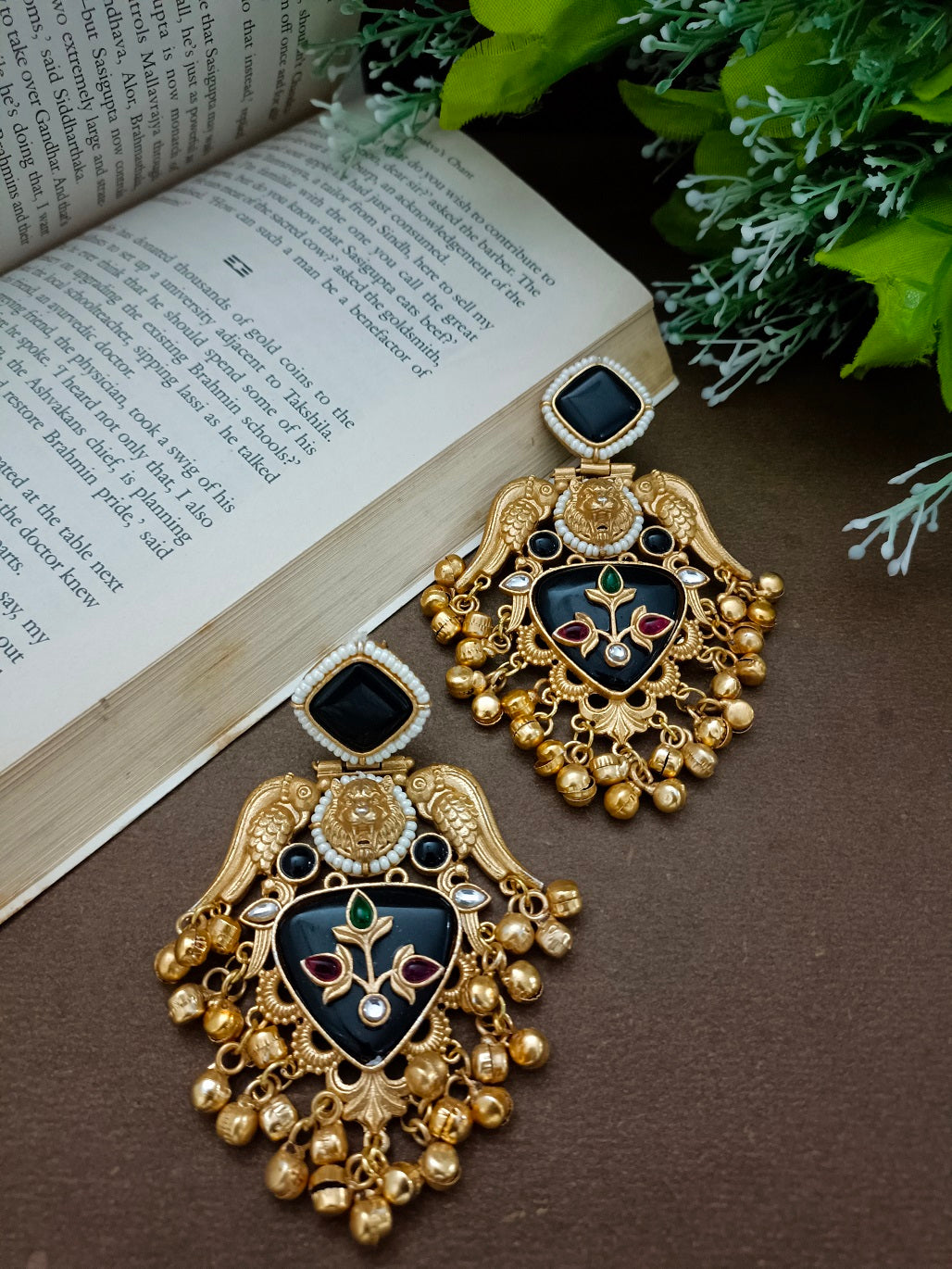Brass-Plated Kundan Studded Birds Kashmiri Statement Ghungaroo Drop Earrings