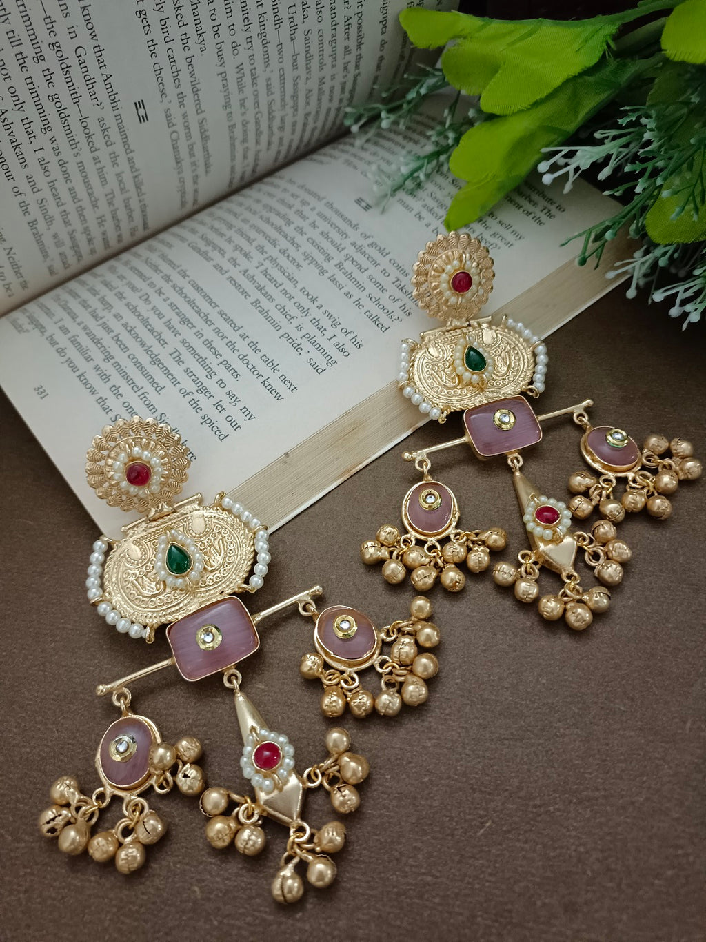 Brass-Plated Pachi Kundan Studded Statement Ghungaroo Temple Drop Earrings
