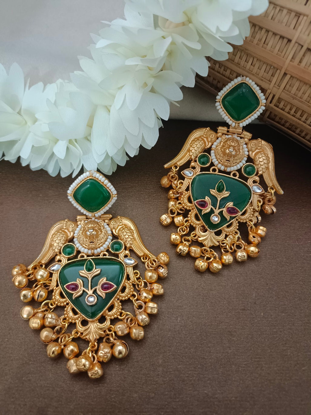 Gold-Toned Kundan Bird Kashmiri Ghungroo Drop Earrings