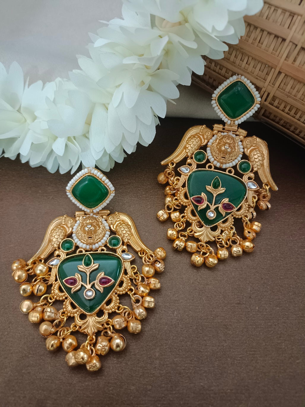 Gold-Toned Kundan Bird Kashmiri Ghungroo Drop Earrings