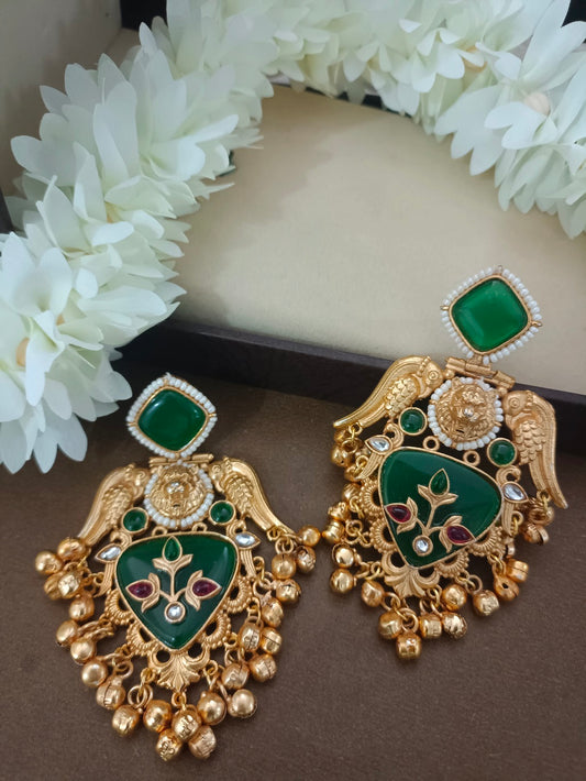 Gold-Toned Kundan Bird Kashmiri Ghungroo Drop Earrings