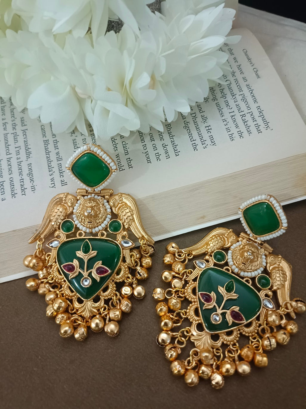 Gold-Toned Kundan Bird Kashmiri Ghungroo Drop Earrings