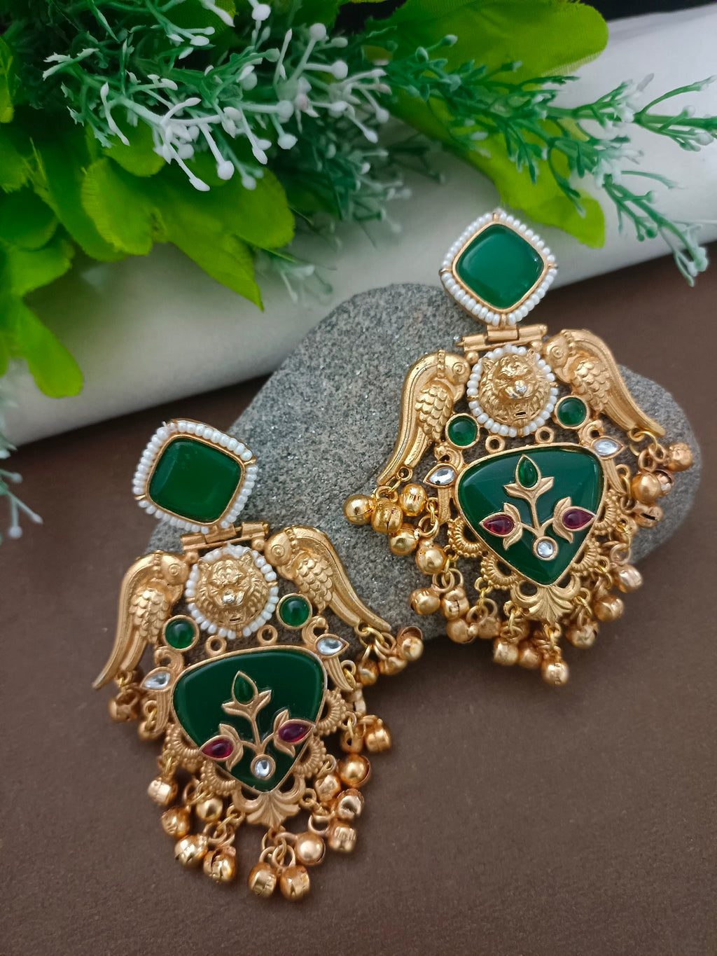 Gold-Toned Kundan Bird Kashmiri Ghungroo Drop Earrings