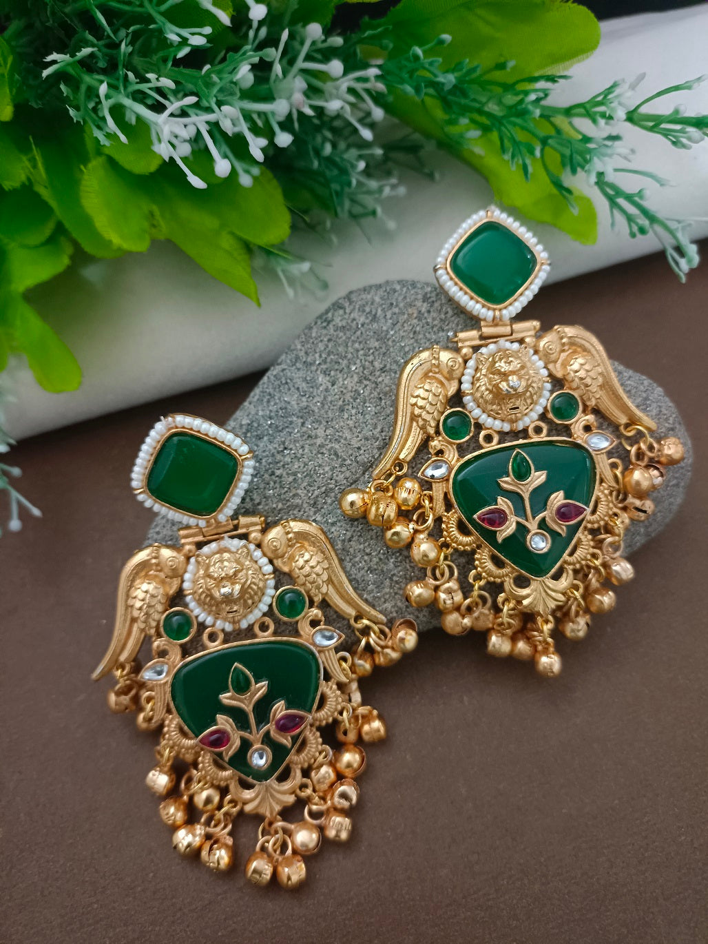 Gold-Toned Kundan Bird Kashmiri Ghungroo Drop Earrings