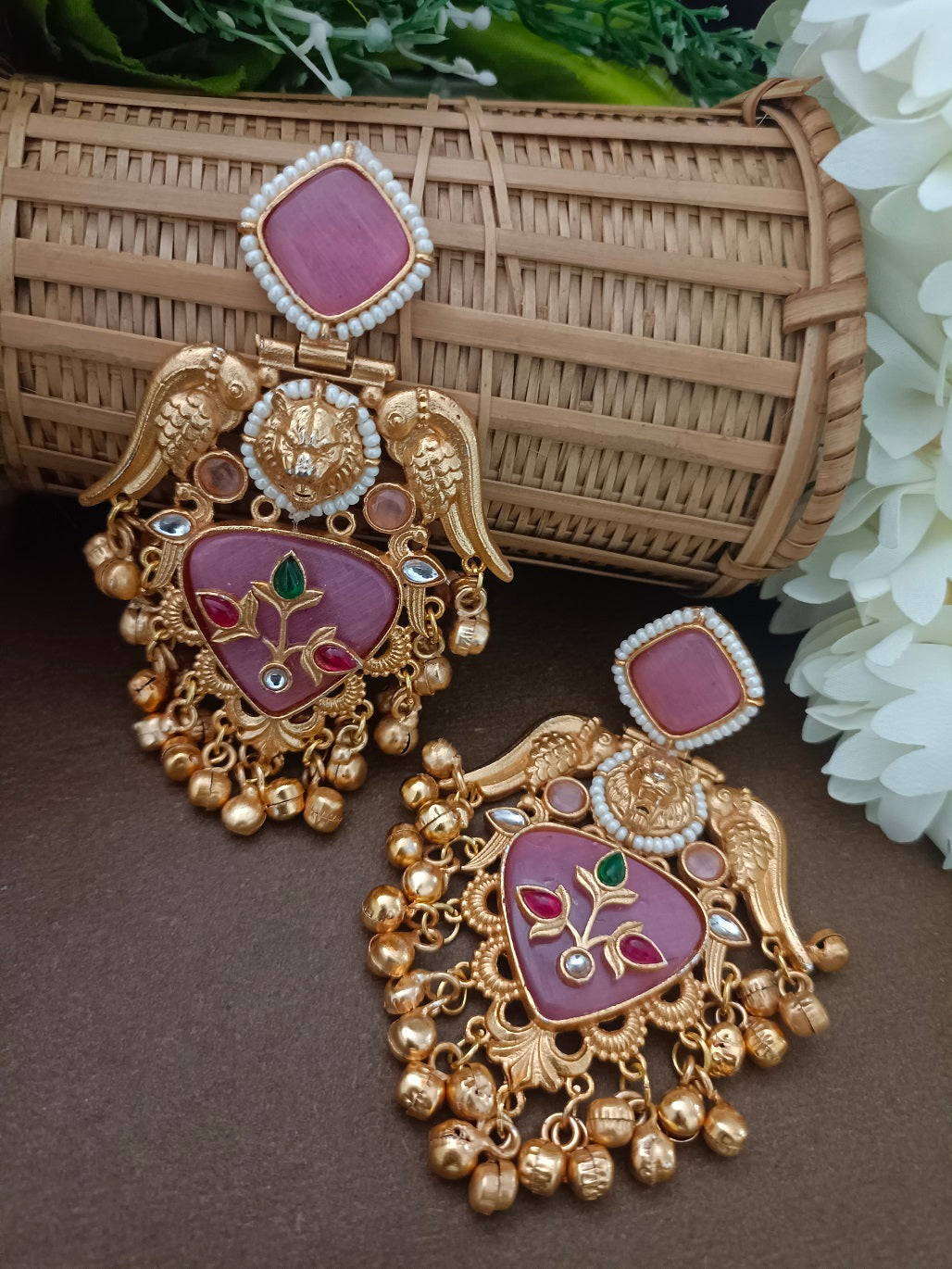 Gold-Toned Kundan Birds Kashmiri Ghungroo Drop Earrings
