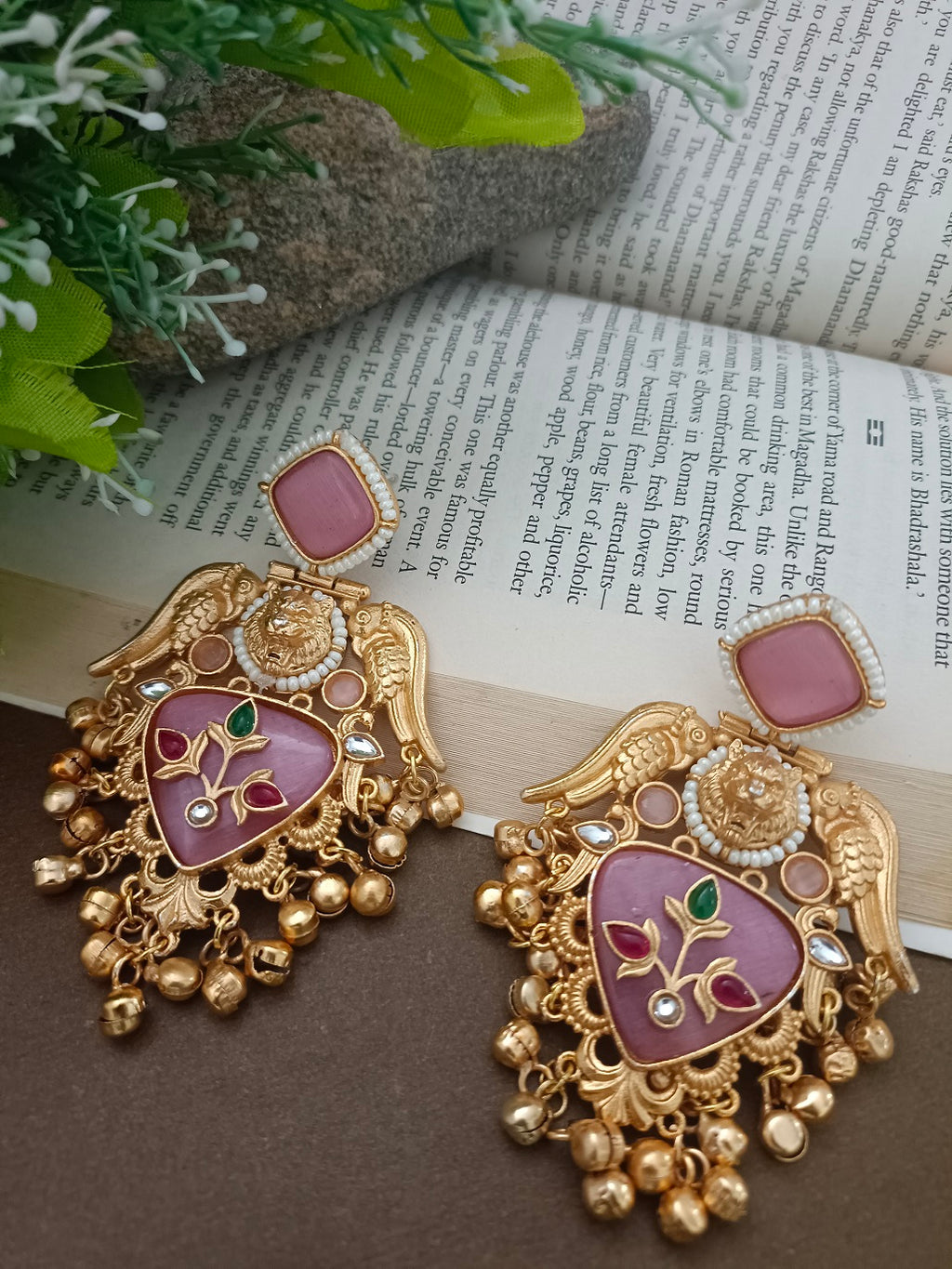 Gold-Toned Kundan Birds Kashmiri Ghungroo Drop Earrings