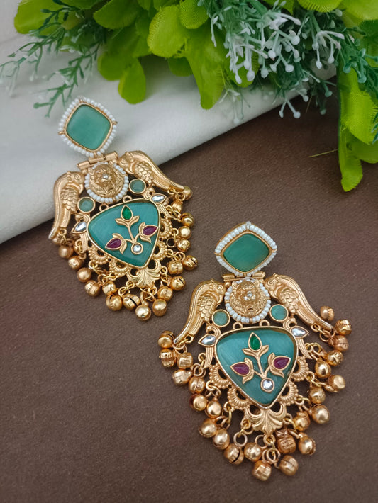 Gold-Toned Kundan Quirky Bird Kashmiri Drop Earrings
