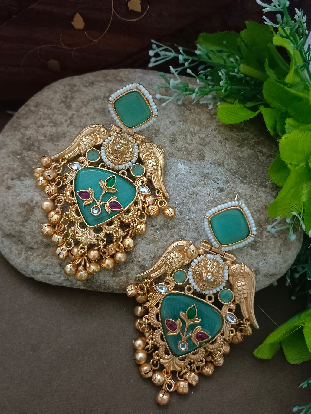 Gold-Toned Kundan Quirky Bird Kashmiri Drop Earrings