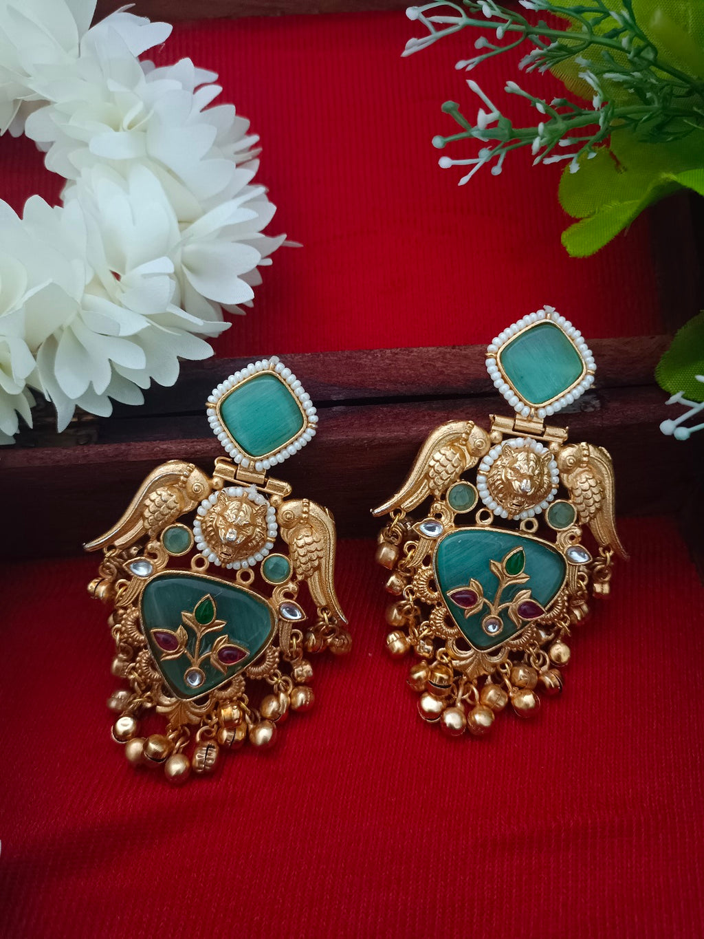 Gold-Toned Kundan Quirky Bird Kashmiri Drop Earrings
