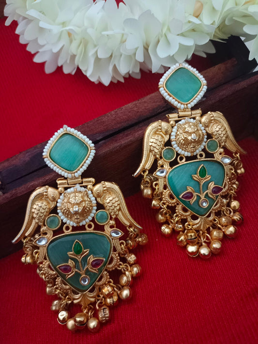 Gold-Toned Kundan Quirky Bird Kashmiri Drop Earrings