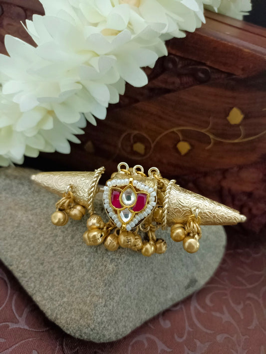 Gold Pachi Kundan Adjustable Multi-Finger Ghungroo Ring