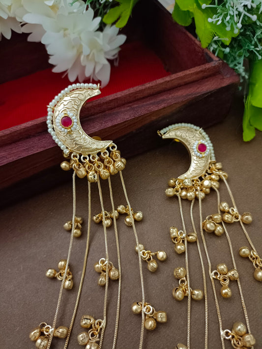 Gold Pachi Kundan Crescent Moon Kashmiri Drop Earrings