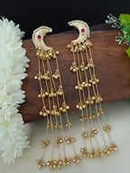 Gold Pachi Kundan Crescent Moon Kashmiri Drop Earrings