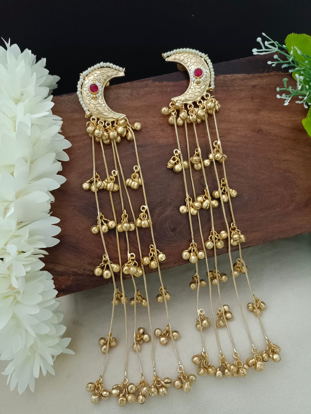 Gold Pachi Kundan Crescent Moon Kashmiri Drop Earrings