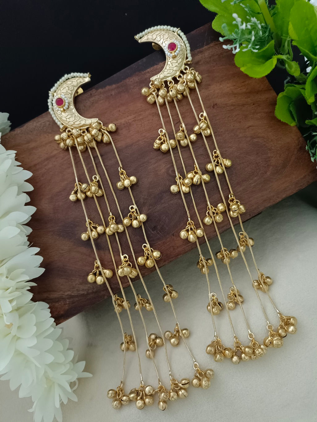 Gold Pachi Kundan Crescent Moon Kashmiri Drop Earrings