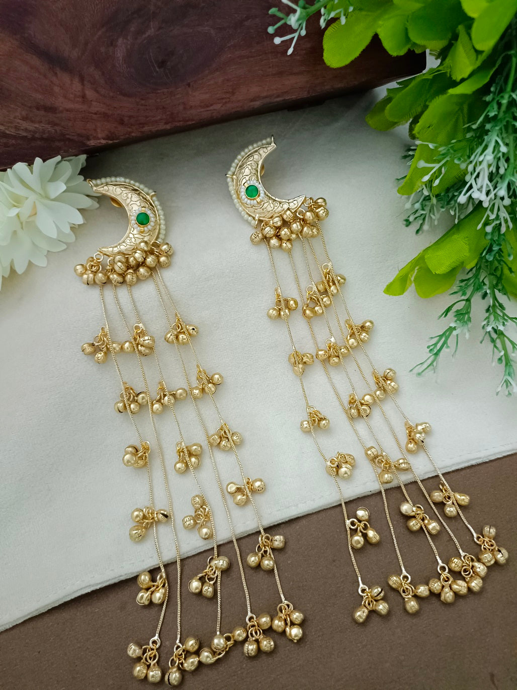 Gold Pachi Kundan Green Crescent Moon Kashmiri Earrings
