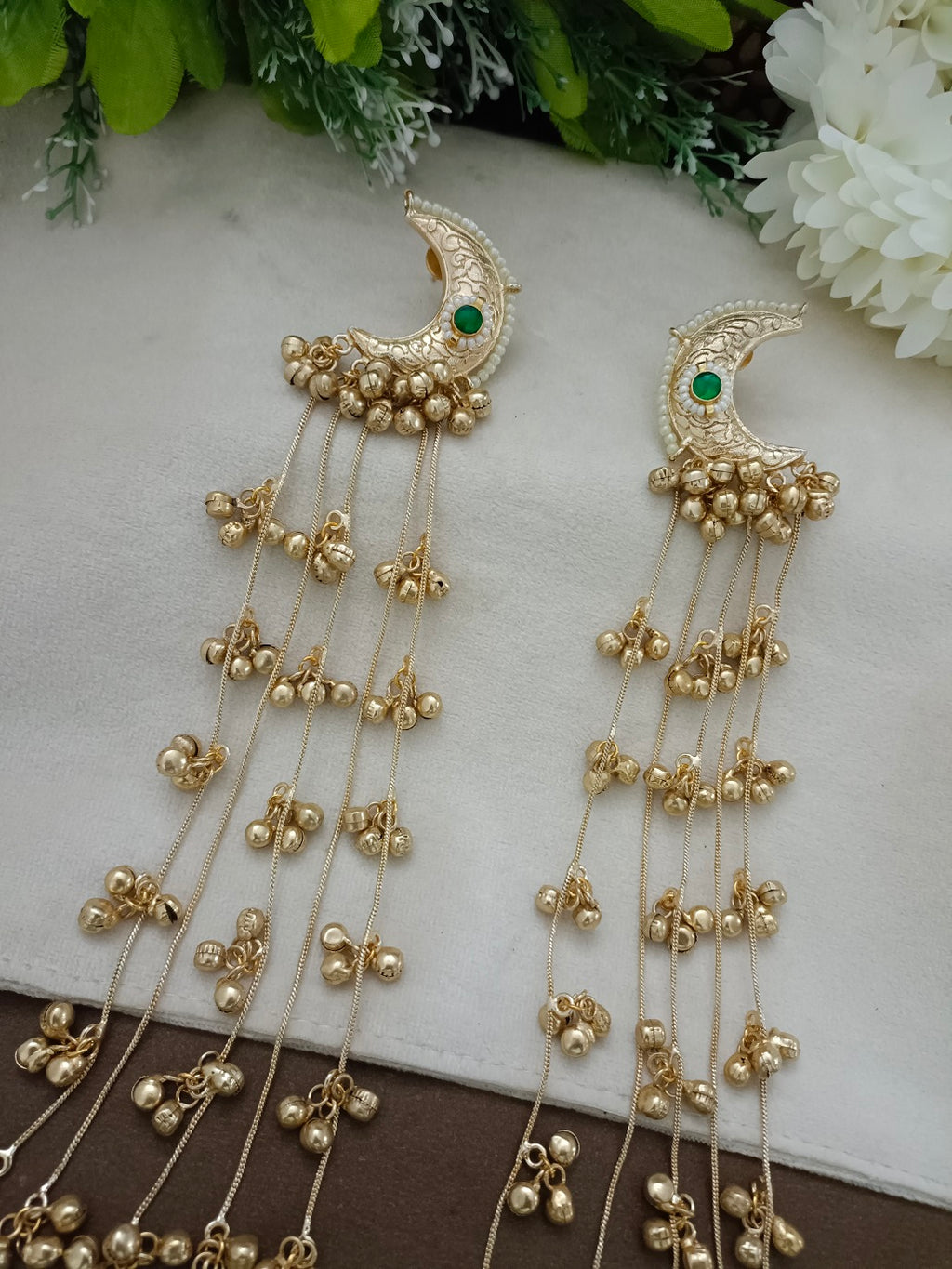 Gold Pachi Kundan Green Crescent Moon Kashmiri Earrings