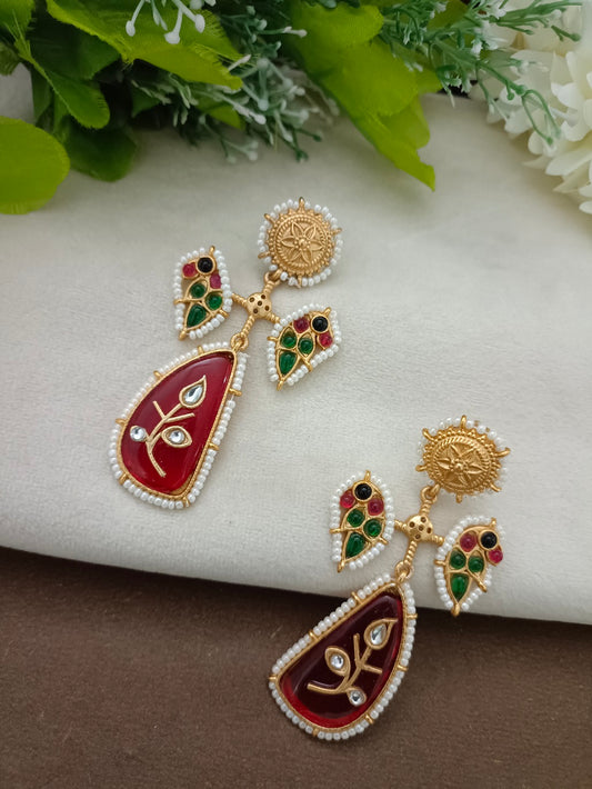 Red & Gold Brass-Plated Kundan Teardrop Statement Earrings