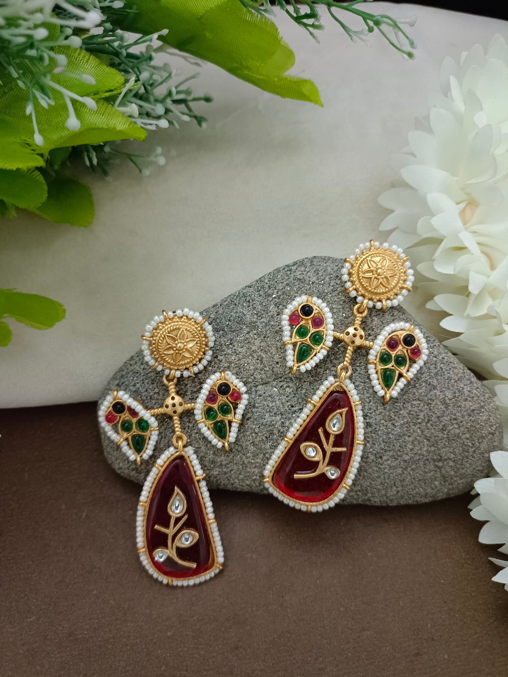 Red & Gold Brass-Plated Kundan Teardrop Statement Earrings