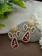 Red & Gold Brass-Plated Kundan Teardrop Statement Earrings